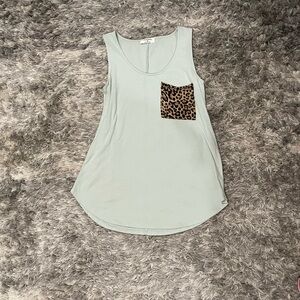 Zenana Outfitters Mint Tank Top with Leopard Pocket
